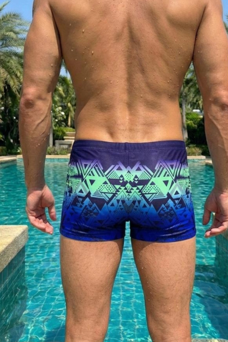 Slip de baie barbati boxeri, inchidere cu snur si buzunar albastru/neon q323 [3]