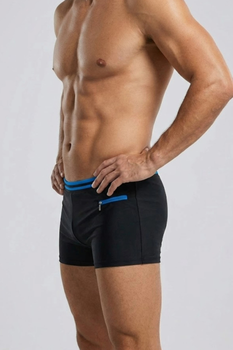 Slip de baie barbati boxeri, snur si buzunar cu fermoar negru/blue Q325 [2]