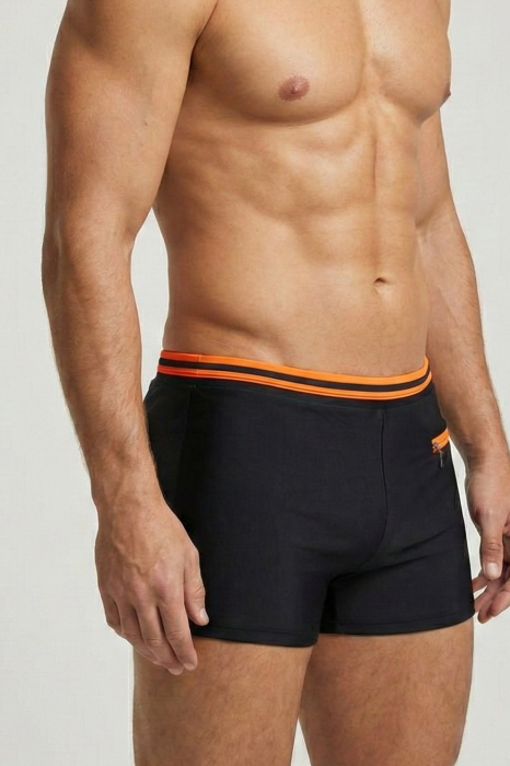 Slip de baie barbati boxeri, snur si buzunar cu fermoar negru/orange Q325 [2]