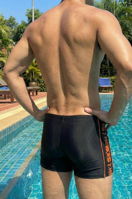 Slip de baie barbati boxeri, snur si buzunar cu fermoar negru/orange q333 [3]