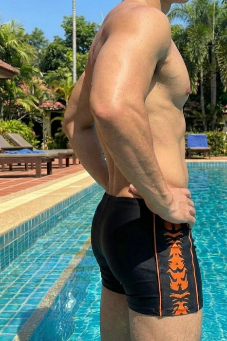 Slip de baie barbati boxeri, snur si buzunar cu fermoar negru/orange q333 [2]