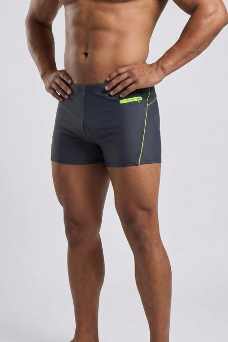 Slip de baie barbati tip boxeri, cu snur si buzunar cu fermoar gri/neon Q330 [2]