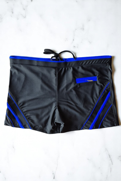 Slip de baie barbati tip boxeri, cu snur si buzunar cu fermoar negru/albastru inchis q306/7 [2]