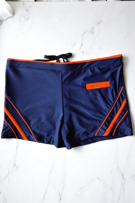 Slip de baie barbati tip boxeri, cu snur si buzunar cu fermoar bleumarin/portocaliu q306/7 [2]