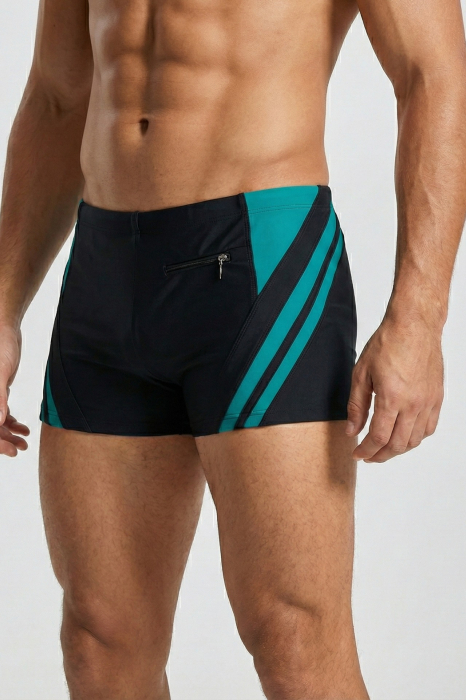 Slip de baie barbati tip boxeri, cu snur si buzunar cu fermoar negru/verde Q328 [2]