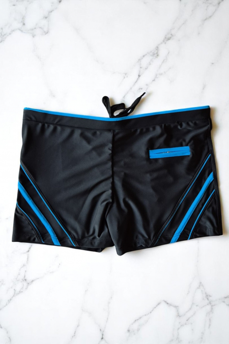 Slip de baie barbati tip boxeri, cu snur si buzunar cu fermoar negru/albastru deschis q306/7 [2]