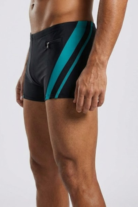 Slip de baie barbati tip boxeri, cu snur si buzunar cu fermoar negru/verde Q329 [2]