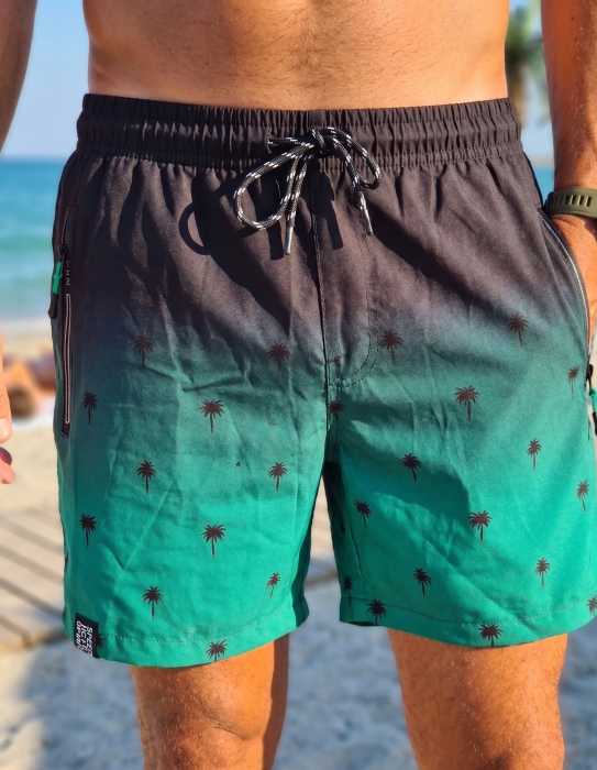 Sort de baie barbati premium, tip pantalon scurt, buzunare cu fermoar, negru/verde 8354 -resinge apa [4]