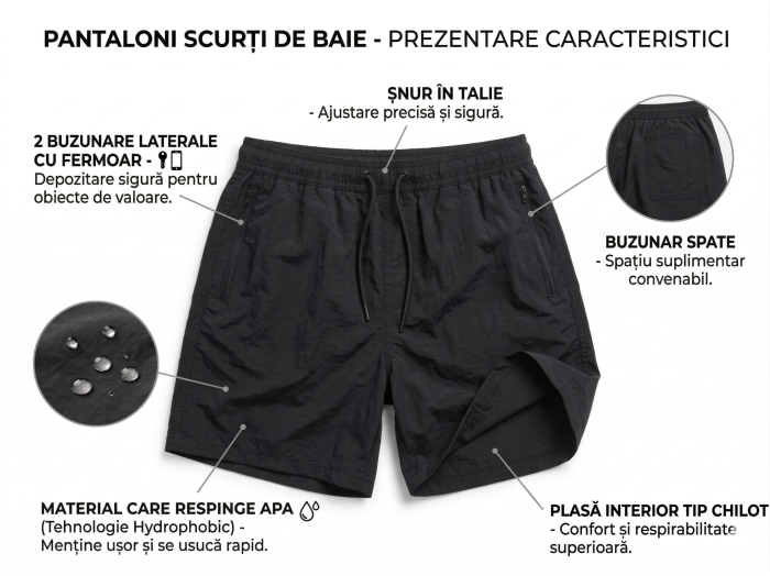 Sort de baie barbati, tip pantalon scurt, cu buzunare, material care respinge apa negru M0678 [3]