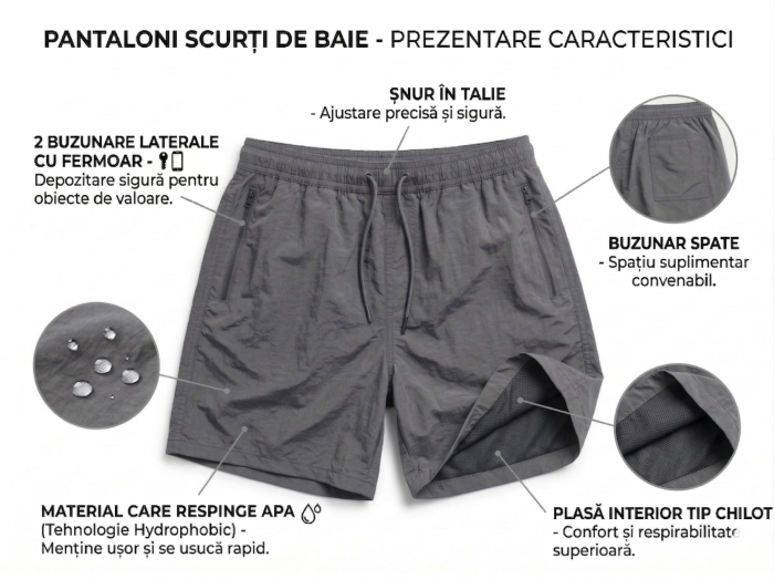 Sort de baie marime mare barbati, tip pantalon scurt, cu buzunare, material care respinge apa Gri M0678 [5]