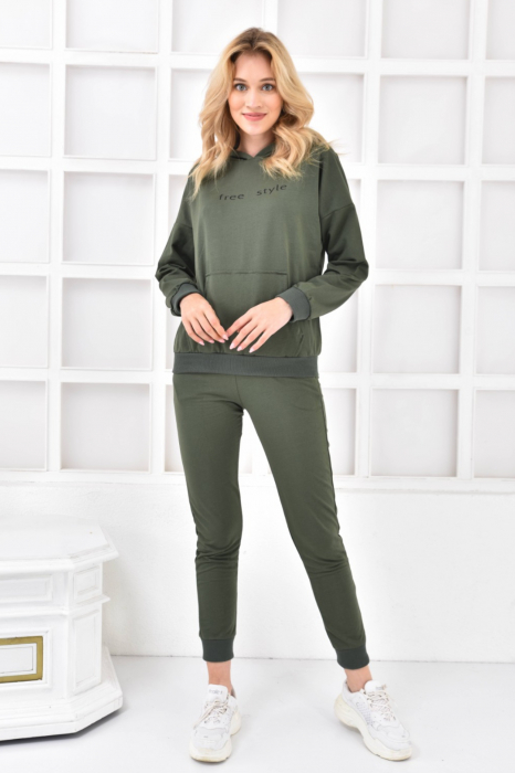 Trening dama, bumbac, set 2 piese, buzunare laterale si gluga, Embody Free, Kaki [4]