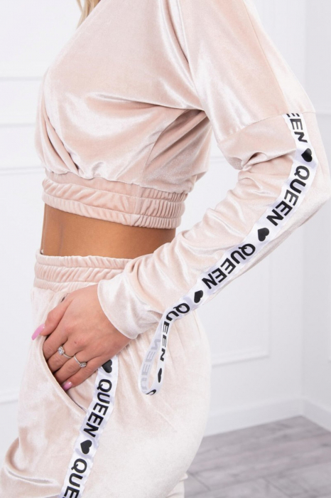 Trening dama catifea, maneci si pantaloni lungi, cu dunga laterala Queen, bej, marime S/M [7]
