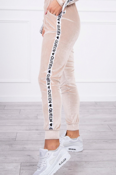 Trening dama catifea, maneci si pantaloni lungi, cu dunga laterala Queen, bej, marime S/M [8]