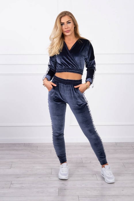 Trening dama catifea, maneci si pantaloni lungi, cu dunga laterala Queen, albastru, marime S/M [4]