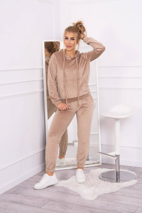 Trening dama catifea, pantaloni lungi si hanorac cu gluga, bej, marime Universala [3]