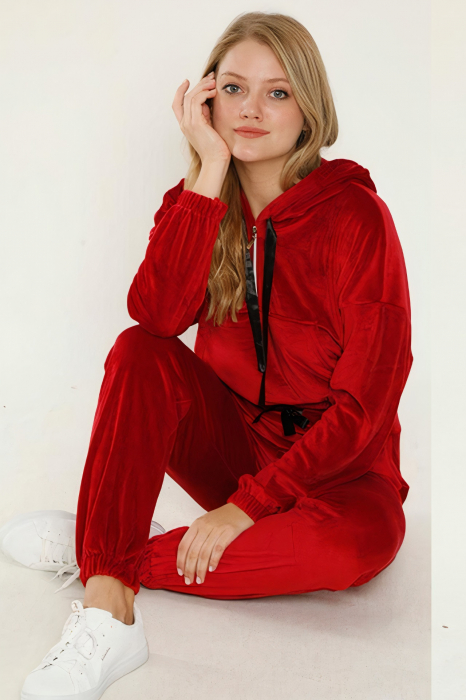 Trening dama, catifea premium, set 2 piese, buzunare laterale si gluga, Rosu [2]