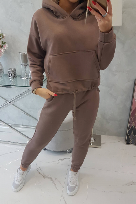 Trening dama vatuit, pantaloni cu buzunare si bluza cu gluga, maro deschis, marime Universala [7]
