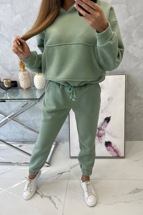 Trening dama vatuit, pantaloni cu buzunare si bluza cu gluga, verde deschis, marime Universala [8]
