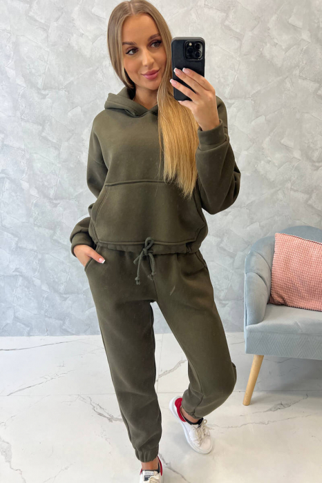 Trening dama vatuit, pantaloni cu buzunare si bluza cu gluga, kaki, marime Universala [5]