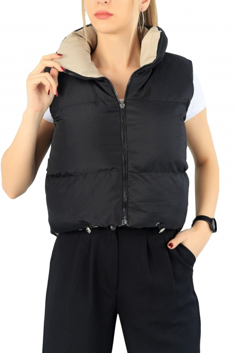 Vesta fasa dama, cu 2 fete, inchidere fermoar, guler inalt, Negru/Bej, One size [8]