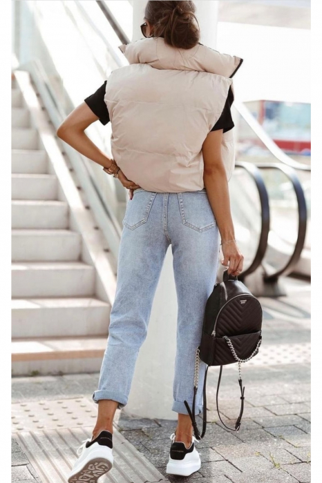 Vesta fasa dama, cu 2 fete, inchidere fermoar, guler inalt, Negru/Bej, One size [7]