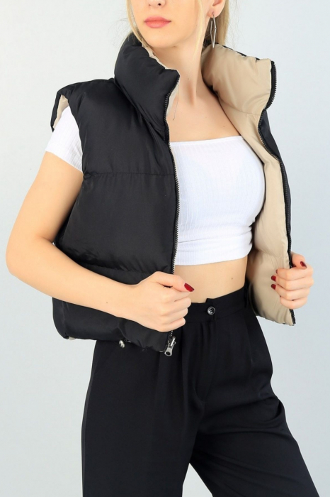 Vesta fasa dama, cu 2 fete, inchidere fermoar, guler inalt, Negru/Bej, One size [4]