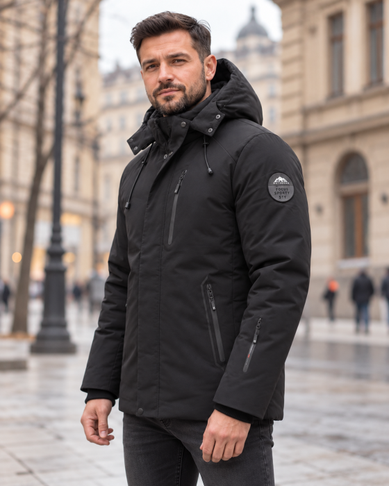Geaca Groasa Barbati de Iarna Neagra cu Gluga si Buzunare cu Fermoar [3]