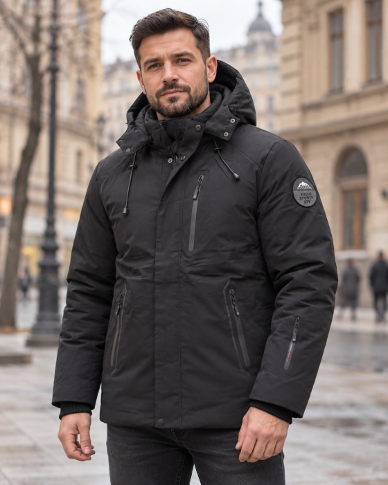 Geaca Groasa Barbati de Iarna Neagra cu Gluga si Buzunare cu Fermoar [7]