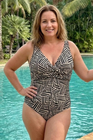 Costume baie intregi - Costum de baie intreg modelator, imprimeu geometric alb-negru, decolteu in V 6607