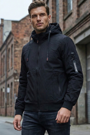 Geci - Geaca Barbati Casual Neagra Subtire - Gluga Material Detasabila  7340