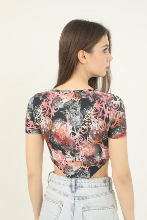Body dama, imprimeu Abstract, cu maneca scurta, top elastic, Multicolor [3]