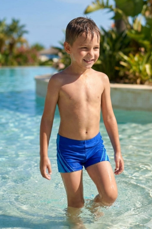 Costume baie copii - Boxeri Inot Copii cu Snur Interior Albastru cu Dungi Laterale q327