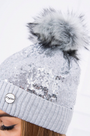 Caciula dama pentru iarna cu paiete apilcate si puf, gri, marime Universala [3]