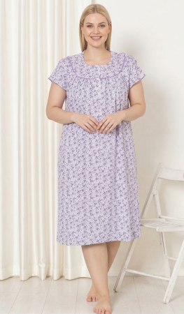 Pijamale dama - Camasa de noapte dama maneca scurta, croiala lejera, cu imprimeu floral lila si nasturi 7003