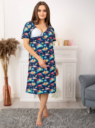 Camasa de noapte gravida, deschidere nasturi pentru alaptat, bumbac, tropical Flamingo, albastru [7]