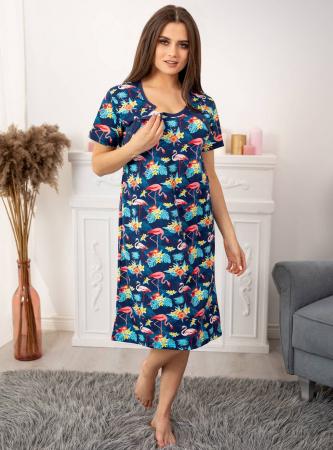 Camasa de noapte gravida, deschidere nasturi pentru alaptat, bumbac, tropical Flamingo, albastru [6]