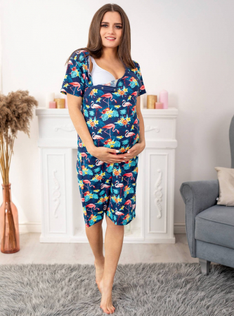 Camasa de noapte gravida, deschidere nasturi pentru alaptat, bumbac, tropical Flamingo, albastru [0]