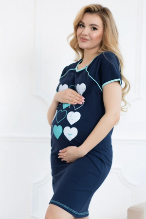 Pijamale gravide - Camasa de noapte gravida, deschidere nasturi pentru alaptat, bumbac, imprimeu inimioare, albastru, embody.ro