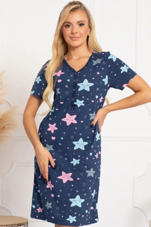Camasa de noapte gravida, deschidere nasturi pentru alaptat, bumbac, imprimeu Stars, albastru, embody.ro [6]