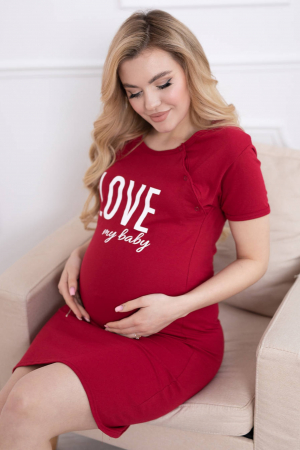 Camasa de noapte gravida, deschidere nasturi pentru alaptat, bumbac, Love my baby, rosu [5]