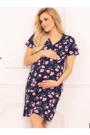 Pijamale gravide - Camasa de noapte gravida, deschidere pentru alaptat, bumbac, pink Flowers, bleumarin, bleumarin