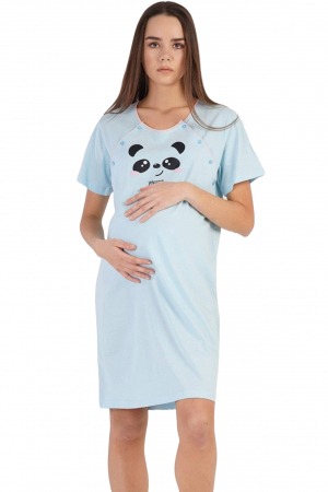 Pijamale gravide - Camasa de noapte gravida, deschidere pentru alaptat, bumbac, imprimeu ursulet amazing, albastru, embody.ro
