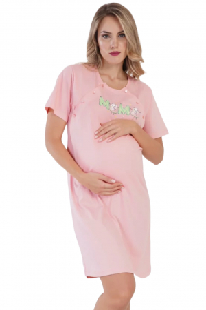 Camasi de noapte - Camasa de noapte gravida, deschidere pentru alaptat, bumbac, imprimeu Mama, roz, embody.ro
