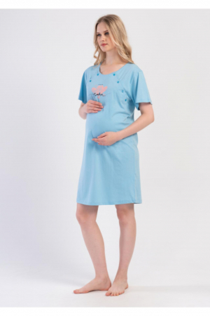 Pijamale gravide - Camasa de noapte gravida, deschidere pentru alaptat, bumbac, love, albastruembody.ro