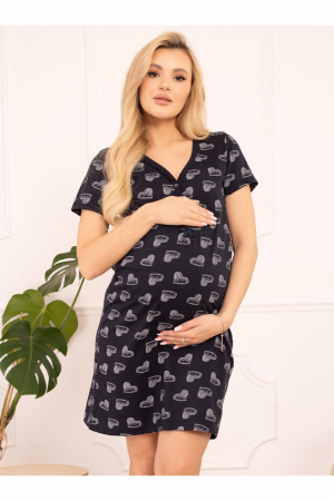 Pijamale gravide - Camasa de noapte gravida, deschidere pentru alaptat, bumbac, imprimeu inimioare, gri, embody.ro