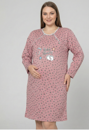 Pijamale gravide - Camasa de Noapte pentru Gravide bumbac, deschidere pentru Alaptare roz prafuit marimi mari