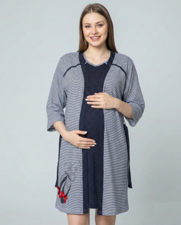 Pijamale gravide - Set Pijama Gravide si Alaptare 2 Piese din Bumbac - Camasa de Noapte cu Buline si Halat in Dungi 606
