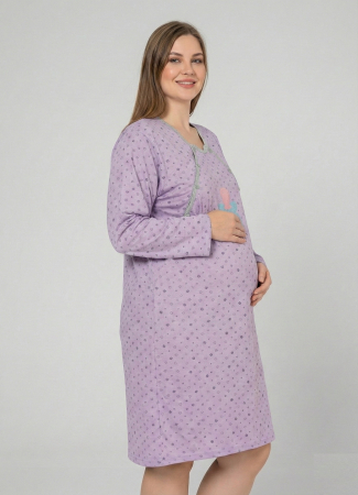 Pijamale gravide - Camasa de Noapte pentru Gravide bumbac, deschidere pentru Alaptare mov marimi mari 3291