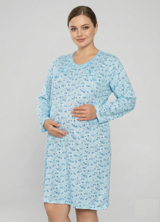 Pijamale gravide - Camasa de Noapte pentru Gravide bumbac, deschidere pentru Alaptare bleu marimi mari 3277