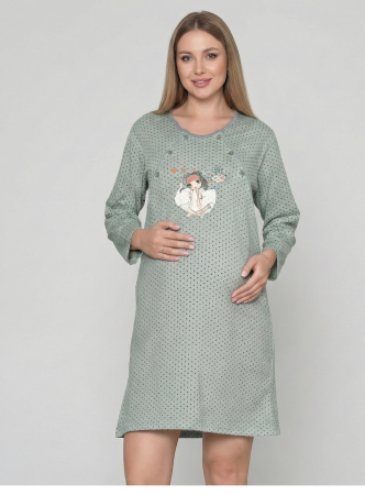 Pijamale gravide - Camasa de Noapte pentru Gravide bumbac, deschidere pentru Alaptare gri verzui 3051